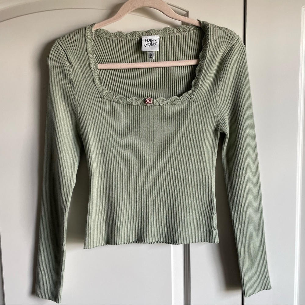 Planet Heart Juniors Ribbed Lace Trim Long Sleeve Top